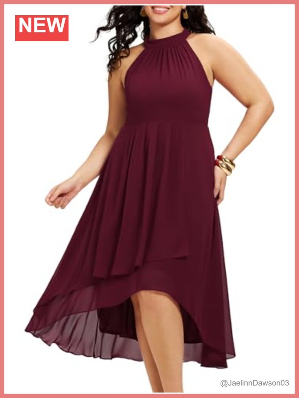 Plus Size Sleeveless Halter A-Line Pleated High Low Chiffon Midi Wedding Guest